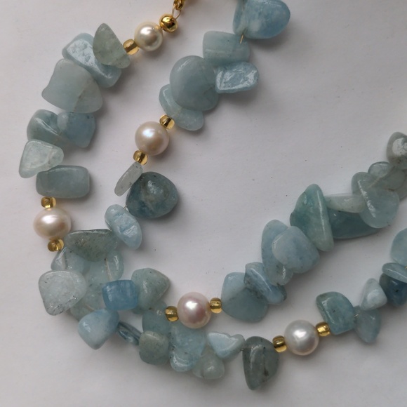 Genuine Aqua & pearl necklace.  New Handcrafted. 18 ". Gold accents - Picture 6 of 8
